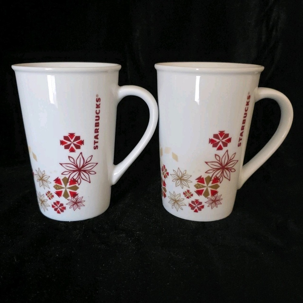 2 Starbucks 2013 Holiday Coffee Cup Mug White Red Snowflake Poinsettia 12oz NWOT